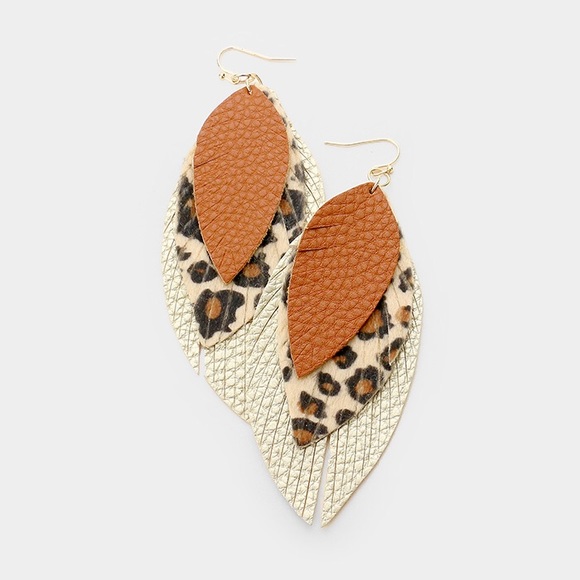 Jewelry - Glitter Faux Leather Leaf Fringe Dangle Earrings Jewelry - Glitter Faux Leather Leaf Fringe Dangle Earrings